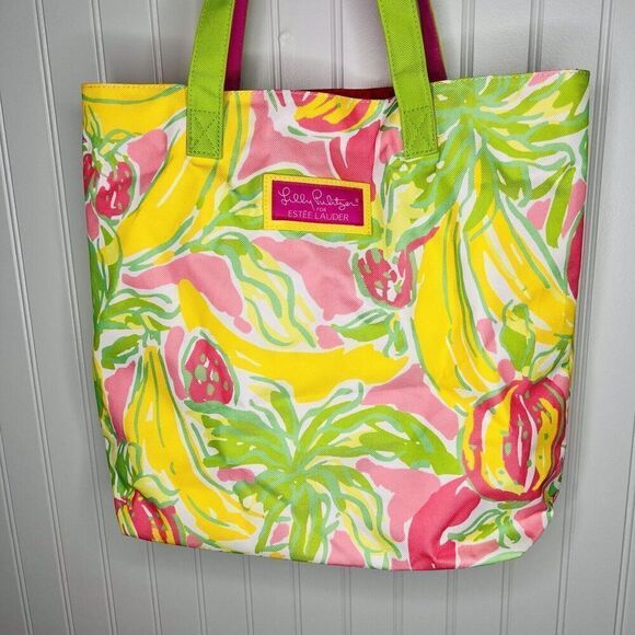 Lilly Pulitzer Estee Lauder Tropical Print Pink Green Yellow Tote Bag Colorful - Picture 2 of 8